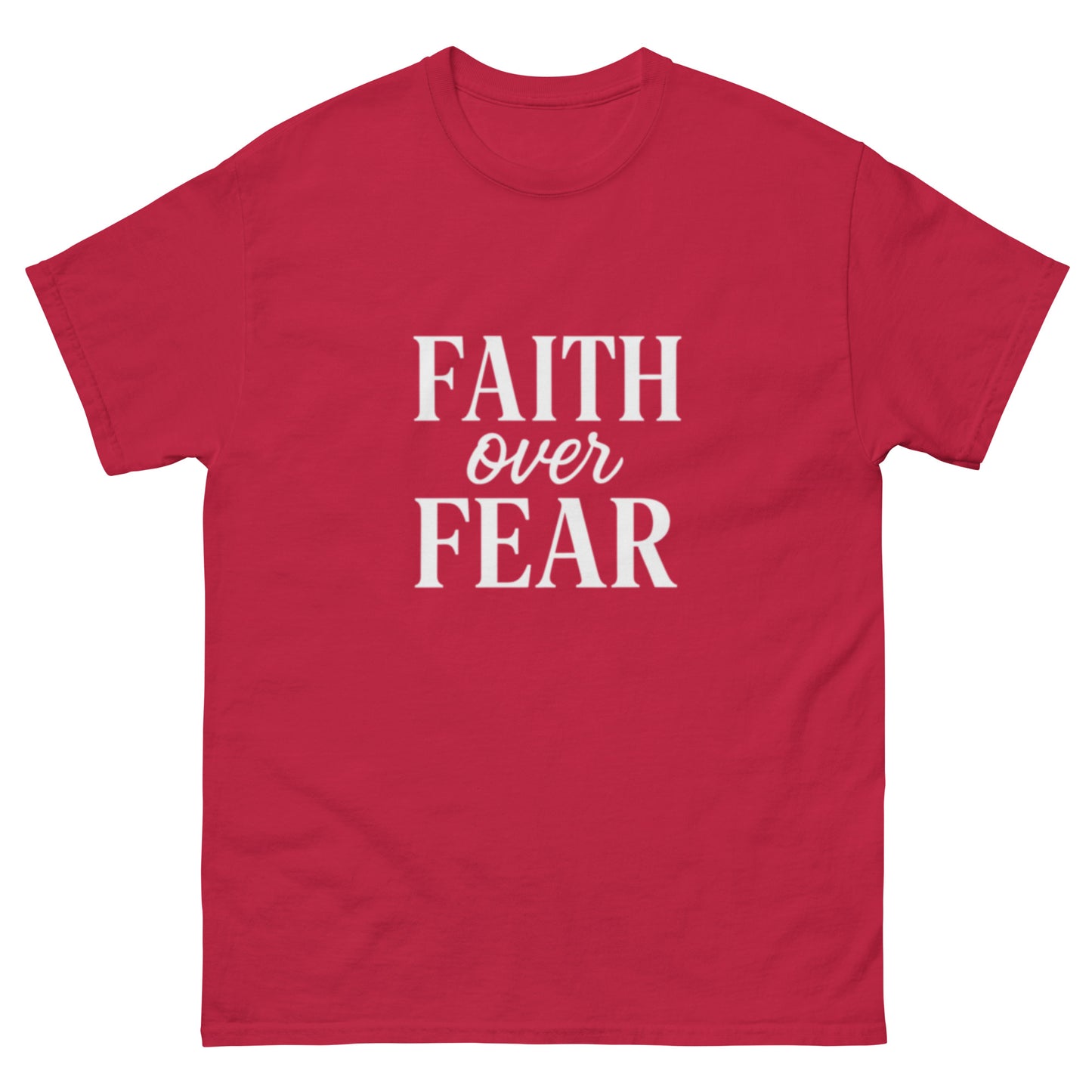 Red faith-based T-shirt with white bold text: “Faith Over Fear” – inspirational Christian apparel by OrnixMax