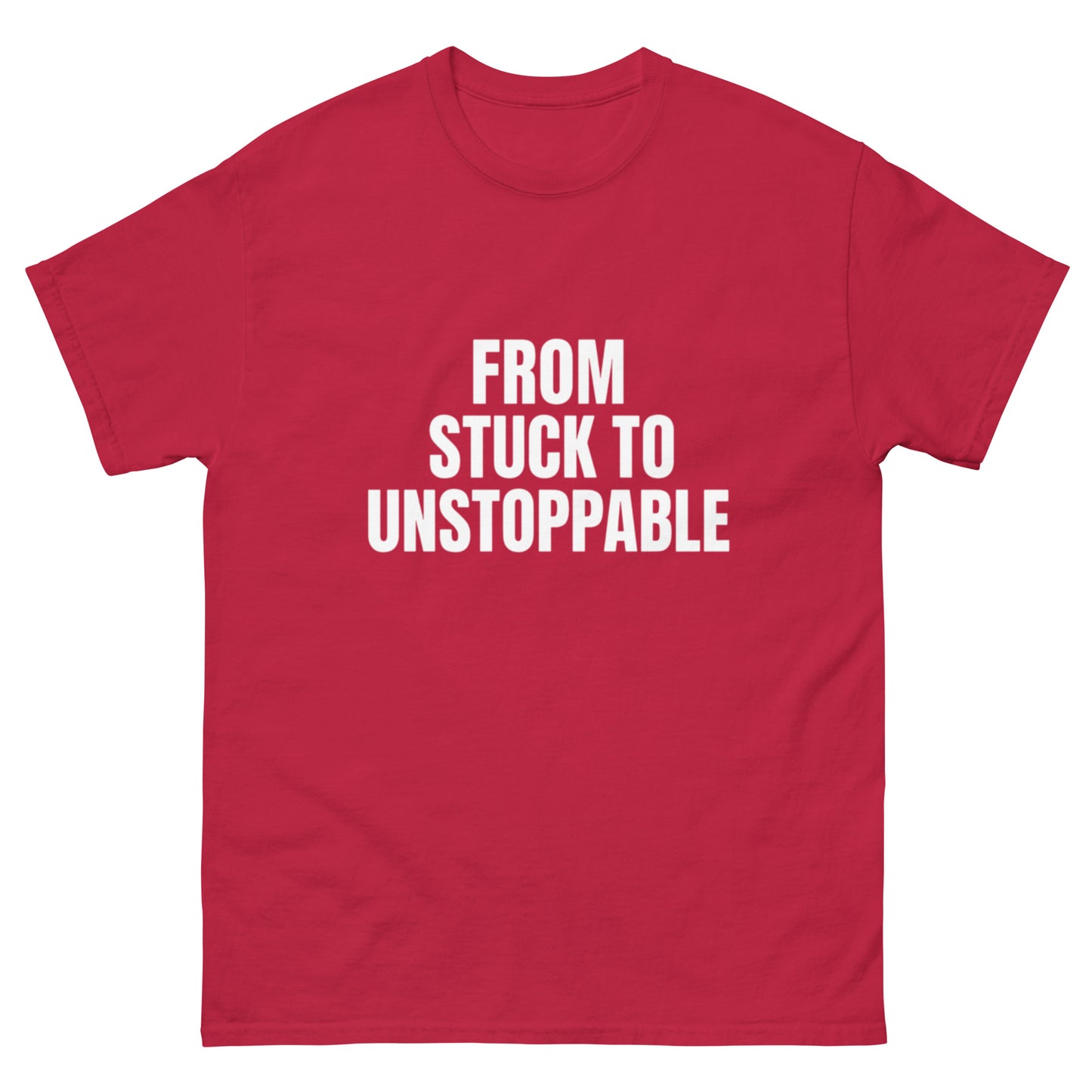 Red inspirational shirt with slogan “From Stuck to Unstoppable” – wearable motivation by OrnixMax