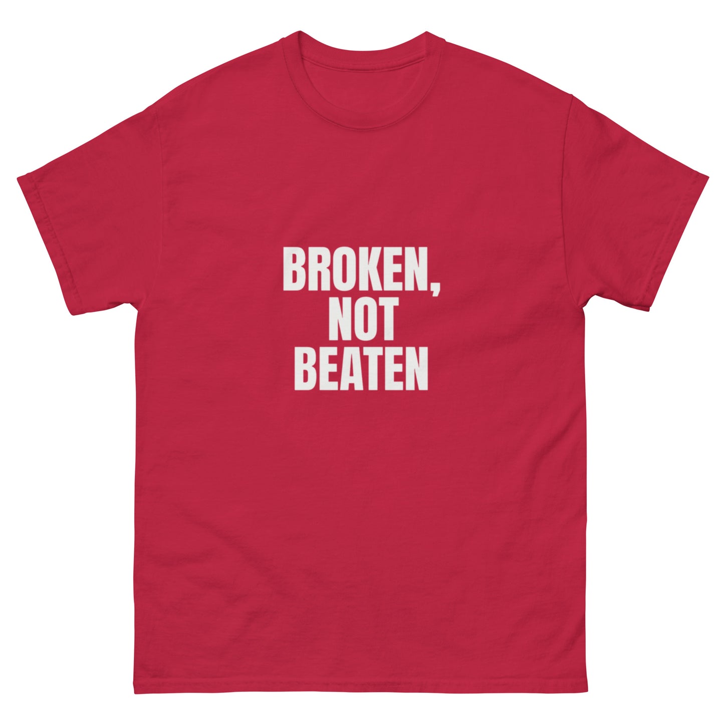 Red powerful message tee: “Broken, Not Beaten” – for overcomers and fighters