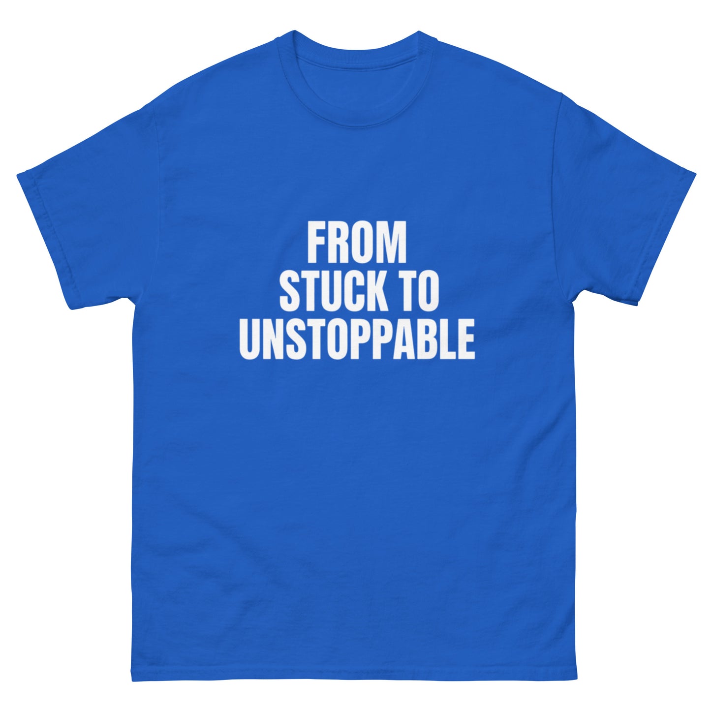 Bleu inspirational shirt with slogan “From Stuck to Unstoppable” – wearable motivation by OrnixMax