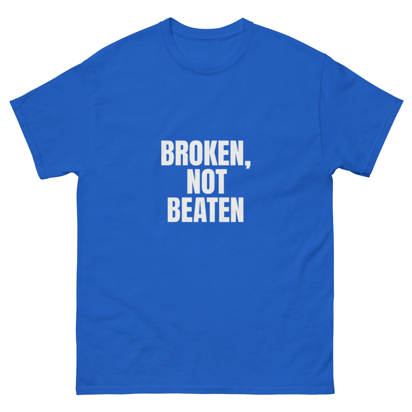 Bleu powerful message tee: “Broken, Not Beaten” – for overcomers and fighters