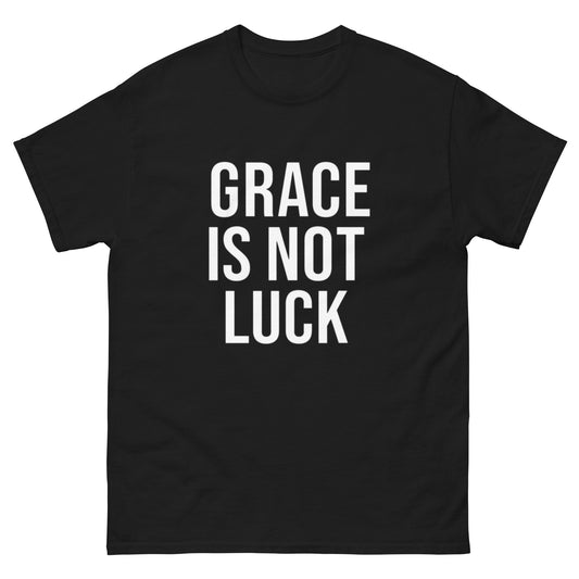 Black Christian tee with empowering message: “Grace Is Not Luck” – minimalist faith shirt from OrnixMax