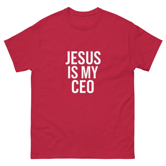 Red unisex Christian leadership T-shirt with slogan: “Jesus My CEO” – faith + hustle streetwear by OrnixMax