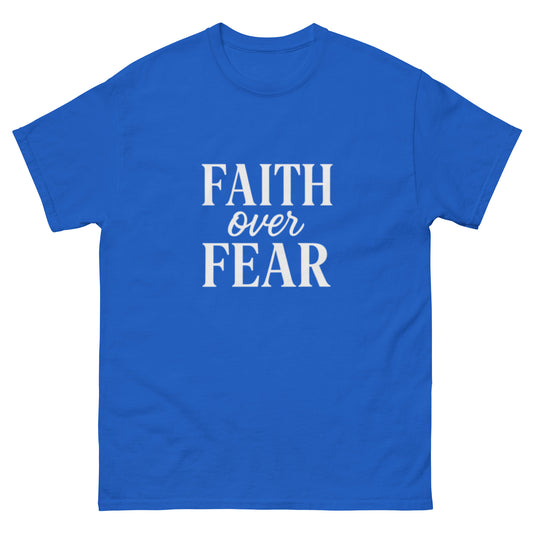 Blue faith-based T-shirt with white bold text: “Faith Over Fear” – inspirational Christian apparel by OrnixMax